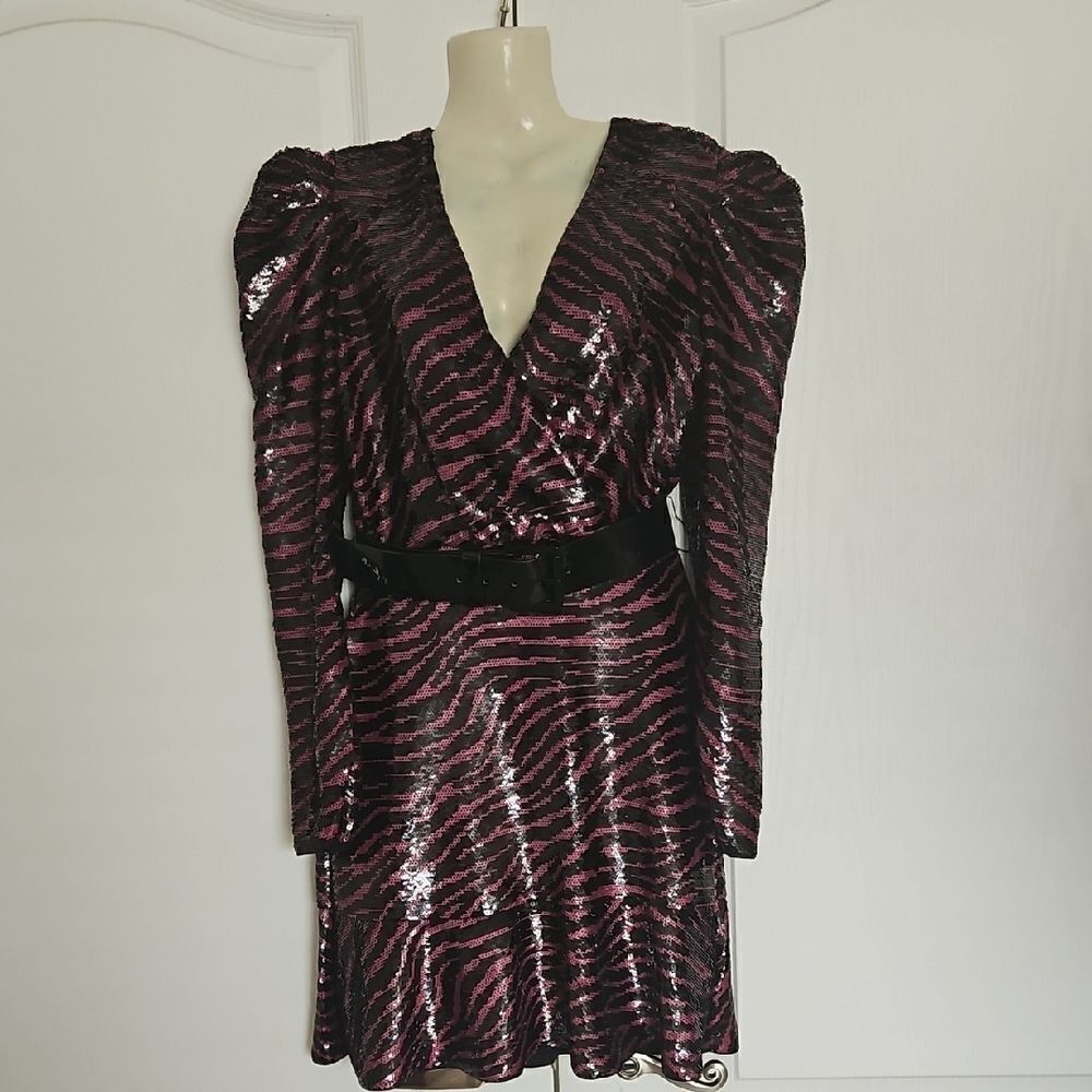 Michael Kors Sequins Pink and Black V-Neck Puff Sleeve Dress